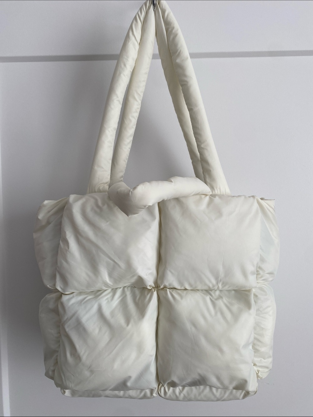Cream Quilted Puffer Tote Bag - Soft Cushioned Shoulder Bag